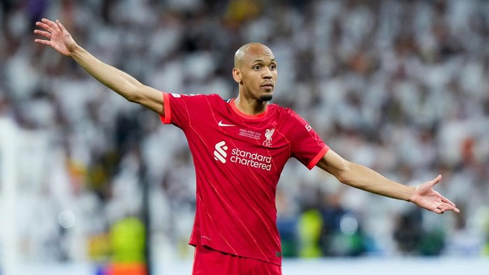 Fabinho of Liverpool FC gestures during the UEFA Champions League Final match between Liverpool FC and Real Madrid CF at Stade de France on May 28, 2022 in Paris, France. (Photo by Giuseppe Maffia/NurPhoto via Getty Images)