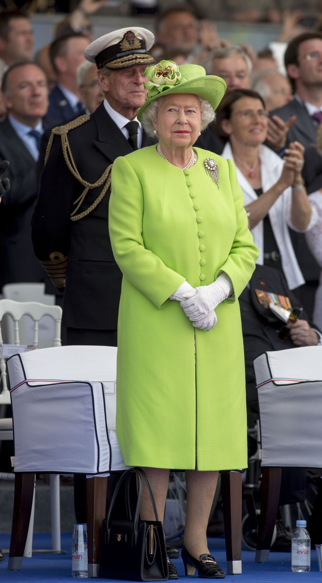 OUISTREHAM, FRANCE - JUNE 06:  (UK OUT FOR 28 DAYS)  Queen Elizabeth II and Prince Philip, Duke of Edinburgh attend a Ceremony to Commemorate D-Day 70 on Sword Beach during D-Day 70 Commemorations on June 6, 2014 in Ouistreham, France.  (Photo by Pool/Samir Hussein/WireImage)