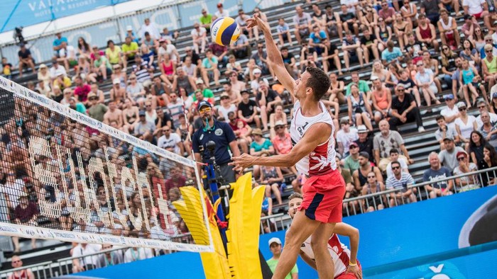 POREC, CROATIA - JUNE 30: Ivan Perisic of Croatia and Inter Milan spikes the ball during the match against Jake Gibb and Taylor Crabb of the United States during the second stage of the Swatch Beach Volleyball Major Series on June 30, 2017 in Porec, Croatia. (Photo by Samo Vidic/Getty Images)
