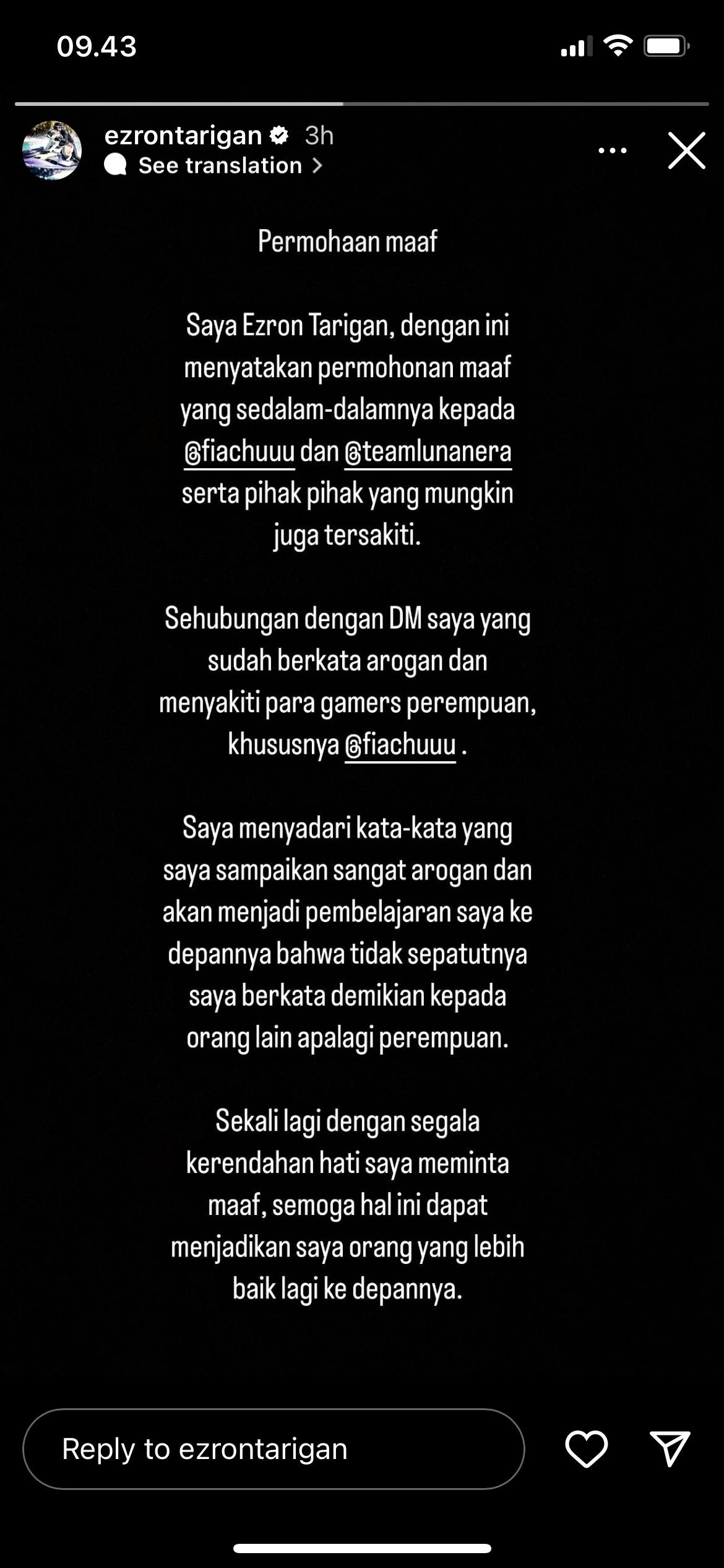 Permintaan maaf Ezron Tarigan