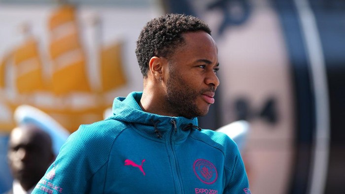MANCHESTER, ENGLAND - MAY 08: Raheem Sterling of Manchester City arrives prior to kick off of the Premier League match between Manchester City and Newcastle United at Etihad Stadium on May 08, 2022 in Manchester, England. (Photo by Tom Flathers/Manchester City FC via Getty Images)