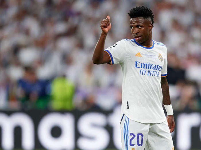 Vinicius Junior of Real Madrid reacts during the UEFA Champions League final match between Liverpool FC and Real Madrid at Stade de France on May 28, 2022 in Paris, France. (Photo by Jose Breton/Pics Action/NurPhoto via Getty Images)