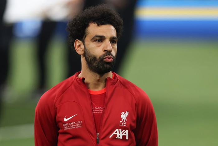 PARIS, FRANCE - MAY 28: Mohamed Salah of Liverpool FC reacts during the line up prior to the UEFA Champions League final match between Liverpool FC and Real Madrid at Stade de France on May 28, 2022 in Paris, France. (Photo by Jonathan Moscrop/Getty Images)