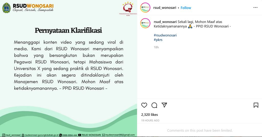 Pernyataan Klarifikasi dari RSUD Wonosari