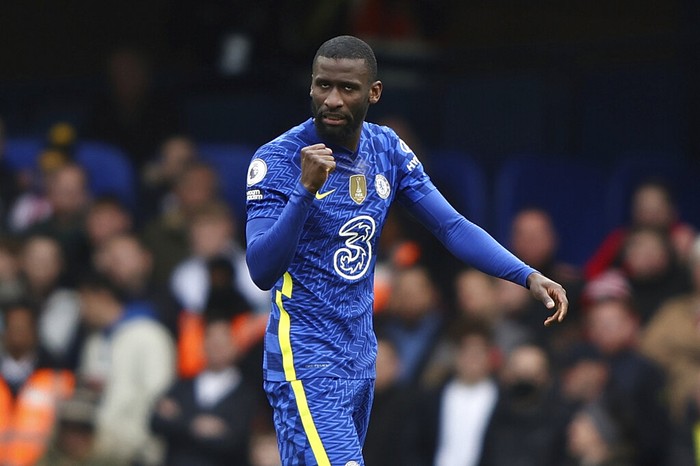 Chelseas Antonio Rudiger celebrates after scoring his sides first goal during the English Premier League soccer match between Chelsea and Brentford, at the Stamford Bridge stadium in London, Saturday, April 2, 2022. (AP Photo/Ian Walton)