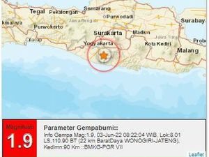 Gempa Darat M 1,9 Terjadi di Barat Daya Wonogiri