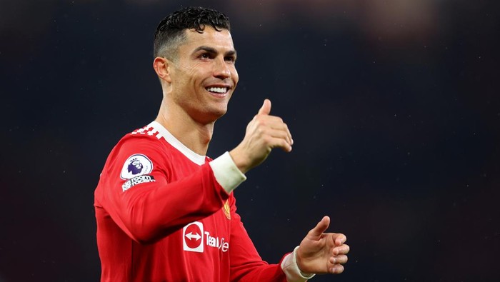 MANCHESTER, ENGLAND - MAY 02: Cristiano Ronaldo of Manchester United smiles following the Premier League match between Manchester United and Brentford at Old Trafford on May 02, 2022 in Manchester, England. (Photo by Catherine Ivill/Getty Images)