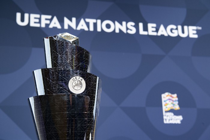 UEFA Nations League NYON, SWITZERLAND - DECEMBER 16: A view of the UEFA Nations League trophy during the UEFA Nations League 2022/23 League Phase Draw at the UEFA headquarters, The House of European Football, on December 16, 2021, in Nyon, Switzerland. (Photo by Richard Juilliart - UEFA/UEFA via Getty Images)