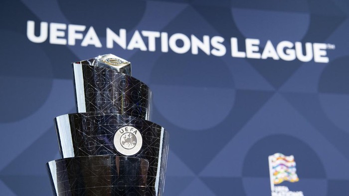 NYON, SWITZERLAND - DECEMBER 16: A view of the UEFA Nations League trophy during the UEFA Nations League 2022/23 League Phase Draw at the UEFA headquarters, The House of European Football, on December 16, 2021, in Nyon, Switzerland. (Photo by Richard Juilliart - UEFA/UEFA via Getty Images)