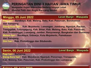 Peringatan Dini Cuaca 3 Harian Sebagian Jatim, Hujan Deras-Terancam Banjir Peringatan Dini Cuaca 3 Harian Sebagian Jatim, Hujan Deras-Terancam Banjir