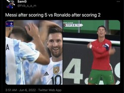 Saat Messi memborong lima gol Argentina, Cristiano Ronaldo juga mencetak dua gol ketika Portugal menang 4-0 atas Swiss. Netizen pun membanding-bandingkan mereka. Foto: dok. Twitter