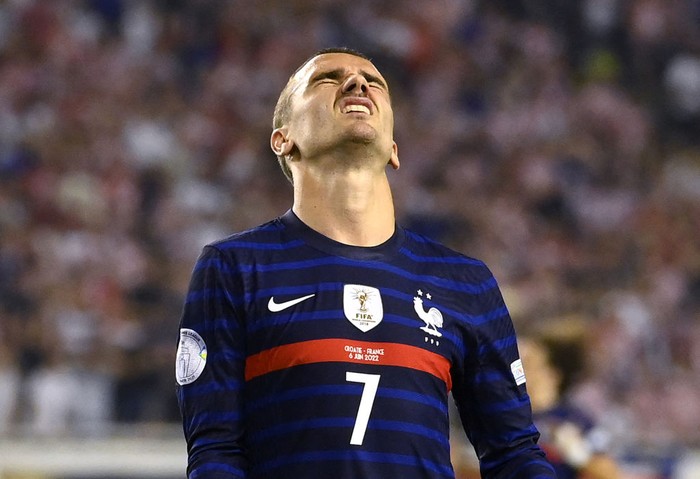 Antoine Griezmann France's forward Antoine Griezmann reacts during the UEFA Nations League - League A Group 1 football match between Croatia and France at Stadion Poljud in Split, on June 6, 2022. (Photo by FRANCK FIFE / AFP) (Photo by FRANCK FIFE/AFP via Getty Images)