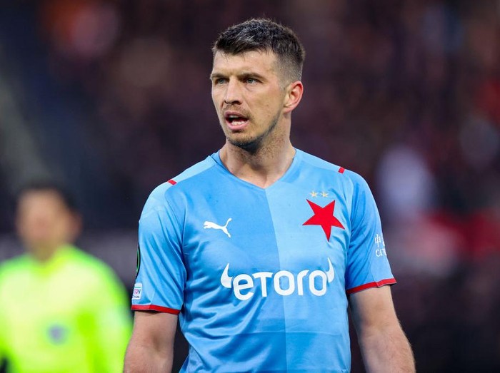 ROTTERDAM, NETHERLANDS - APRIL 7: Ondrej Kudela of SK Slavia Prague during the Quarter Finals UEFA Europa League match between Feyenoord and Slavia Prague at Stadion Feijenoord De Kuip on April 7, 2022 in Rotterdam, Netherlands (Photo by Herman Dingler/BSR Agency/Getty Images)