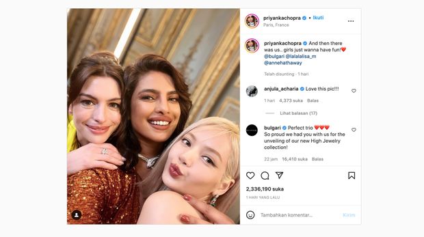 Priyanka Chopra bersama Anne Hathaway dan Lisa BLACKPINK