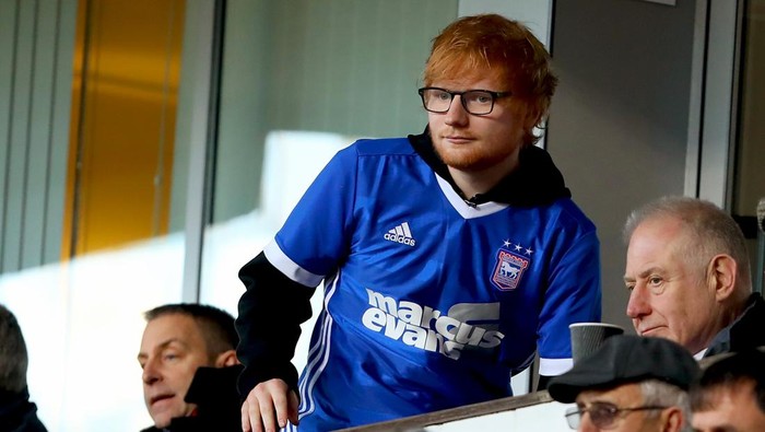 IPSWICH, ENGLAND - DECEMBER 22: Musician Ed Sheeran watches his team, Ipswich Town during the Sky Bet Championship match between Ipswich Town and Sheffield United at Portman Road on December 22, 2018 in Ipswich, United Kingdom. (Photo by Richard Calver/Getty Images)