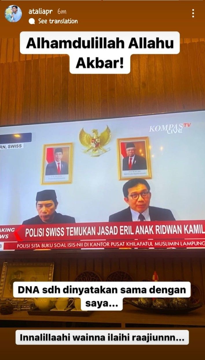 Insta Stories Atalia usai jenazah Eril ditemukan