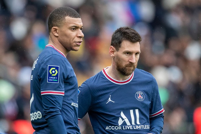 PARIS, FRANCE - August 10: Kylian Mbappé #7 of Paris Saint-Germain and Lionel Messi #30 of Paris Saint-Germain during the Paris Saint-Germain Vs Bordeaux, French Ligue 1 regular season match at Parc des Princes on March 13th 2022 in Paris, France (Photo by Tim Clayton/Corbis via Getty Images)