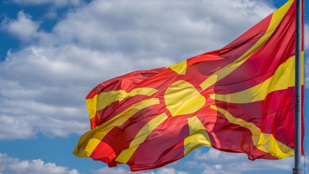 Mast pole with Macedonian national flag, Ohrid town, Northern Macedonia