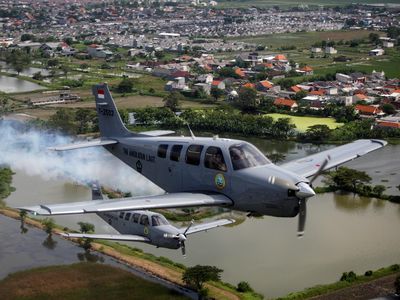 Sambut HUT Penerbangan TNI AL, Bonanza G-36 Terbang di Langit Surabaya