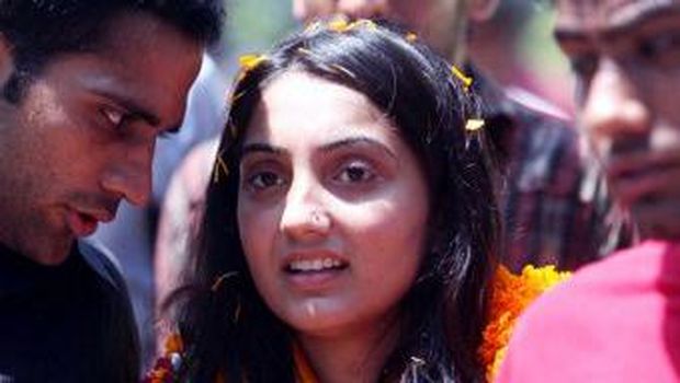 This picture taken on September 6, 2008, shows the then student leader Nupur Sharma (C) celebrating her win in students election in New Delhi. - Comments by Bharatiya Janata Party spokeswoman Nupur Sharma last week on May 26, 2022, describing the prophet Mohammed's relationship with his youngest wife have sparked furore among Muslims. (Photo by AFP)