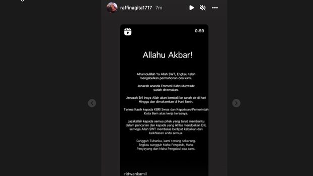 Unggahan Raffi Ahmad dan Nagita Slavina usai jenazah Eril ditemukan di Sungai Aare, Swiss.
