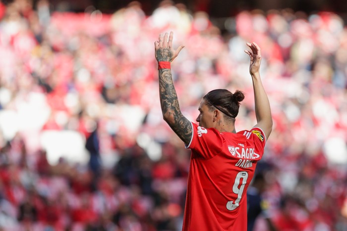 Darwin Núñez forward of SL Benfica reacts during the Liga Portugal Bwin match between SL Benfica vs Famalicão FC at Estádio da Luz on 23 April, 2022 in Lisbon, Portugal. (Photo by Valter Gouveia/NurPhoto via Getty Images)