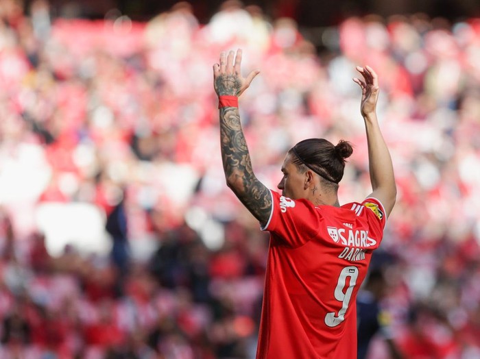 Darwin Núñez forward of SL Benfica reacts during the Liga Portugal Bwin match between SL Benfica vs Famalicão FC at Estádio da Luz on 23 April, 2022 in Lisbon, Portugal. (Photo by Valter Gouveia/NurPhoto via Getty Images)
