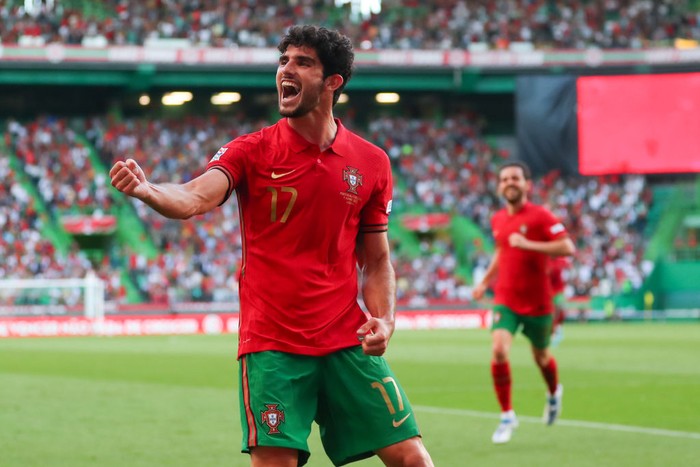 LISBON, PORTUGAL - JUNE 09: Goncalo Guedes of Portugal celebrates after scoring a goal to make it 2-0 during the UEFA Nations League League A Group 2 match between Portugal and Czech Republic at Estadio Jose Alvalade on June 9, 2022 in Lisbon, Portugal. (Photo by Robbie Jay Barratt - AMA/Getty Images)