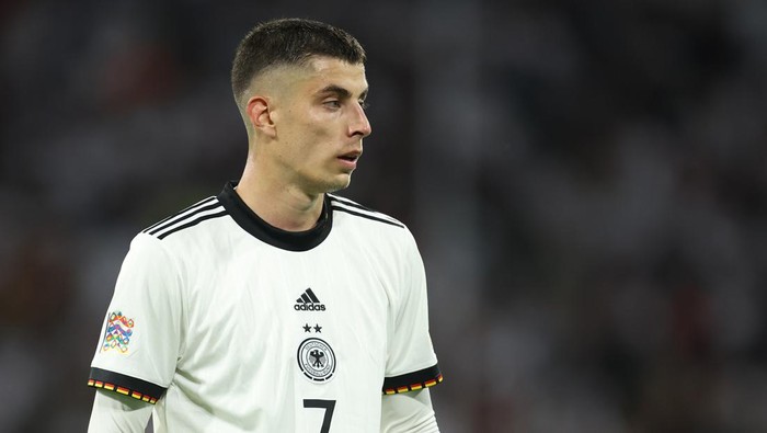 MUNICH, GERMANY - JUNE 07: Kai Havertz of Germany reacts during the UEFA Nations League League A Group 3 match between Germany and England at Allianz Arena on June 07, 2022 in Munich, Germany. (Photo by Alex Grimm/Getty Images)