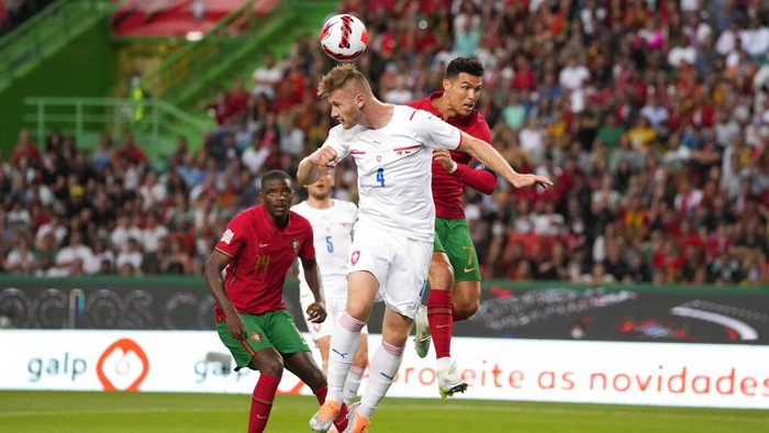 Portugal's Gonçalo Guedes scores his side's second goal during the UEFA Nations League soccer match between Portugal and the Czech Republic, at the Jose Alvalade Stadium in Lisbon, Thursday, June 9, 2022. (AP Photo/Armando Franca)