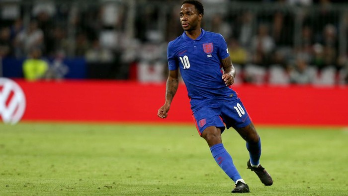MUNICH, GERMANY - JUNE 07: Raheem Sterling of England Looks on during the UEFA Nations League League A Group 3 match between Germany and England at Allianz Arena on June 7, 2022 in Munich, Germany. (Photo by Harry Langer/DeFodi Images via Getty Images)