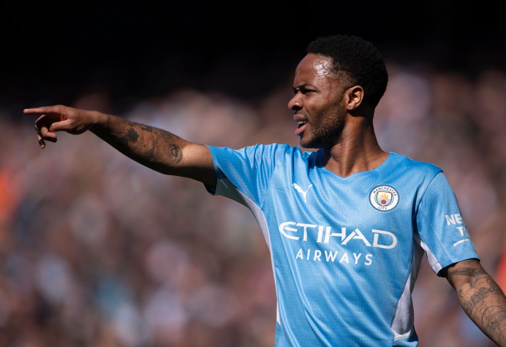 MANCHESTER, ENGLAND - APRIL 23: Raheem Sterling  of Manchester City during the Premier League match between Manchester City and Watford at Etihad Stadium on April 23, 2022 in Manchester, United Kingdom. (Photo by Visionhaus/Getty Images)