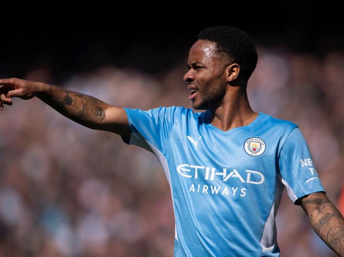 MANCHESTER, ENGLAND - APRIL 23: Raheem Sterling  of Manchester City during the Premier League match between Manchester City and Watford at Etihad Stadium on April 23, 2022 in Manchester, United Kingdom. (Photo by Visionhaus/Getty Images)