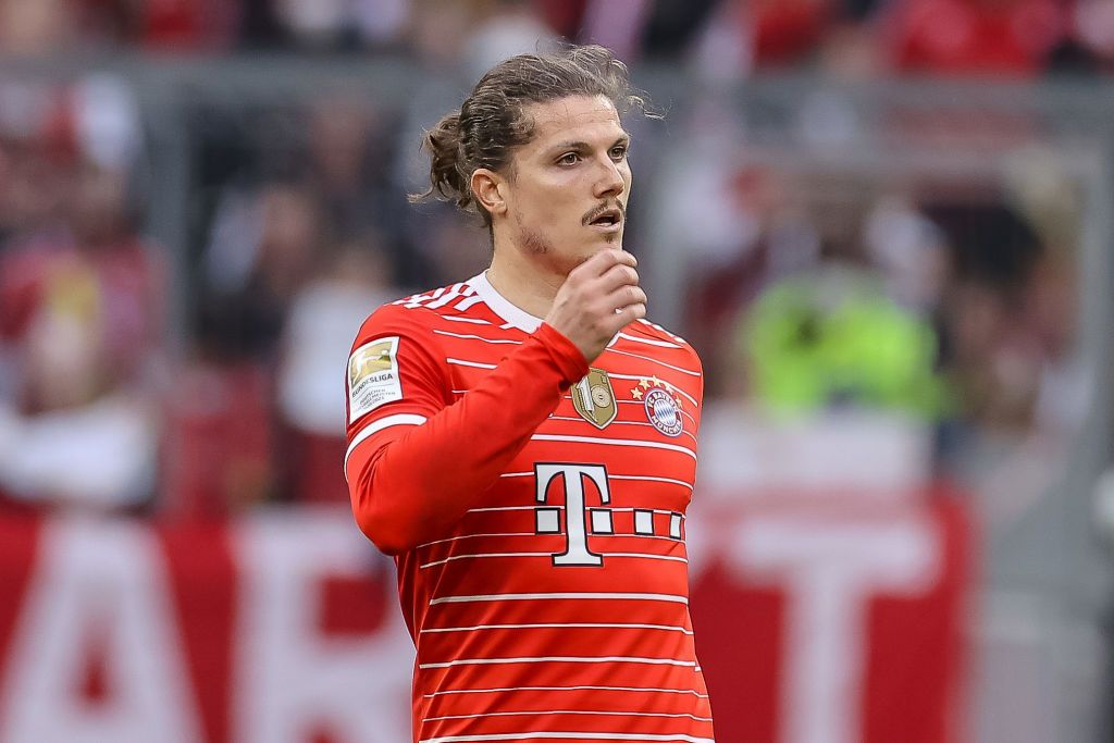 MUNICH, GERMANY - MAY 08: Marcel Sabitzer of Bayern Muenchen looks on during the Bundesliga match between FC Bayern München and VfB Stuttgart at Allianz Arena on May 8, 2022 in Munich, Germany. (Photo by Roland Krivec/vi/DeFodi Images via Getty Images)