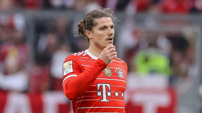 MUNICH, GERMANY - MAY 08: Marcel Sabitzer of Bayern Muenchen looks on during the Bundesliga match between FC Bayern München and VfB Stuttgart at Allianz Arena on May 8, 2022 in Munich, Germany. (Photo by Roland Krivec/vi/DeFodi Images via Getty Images)