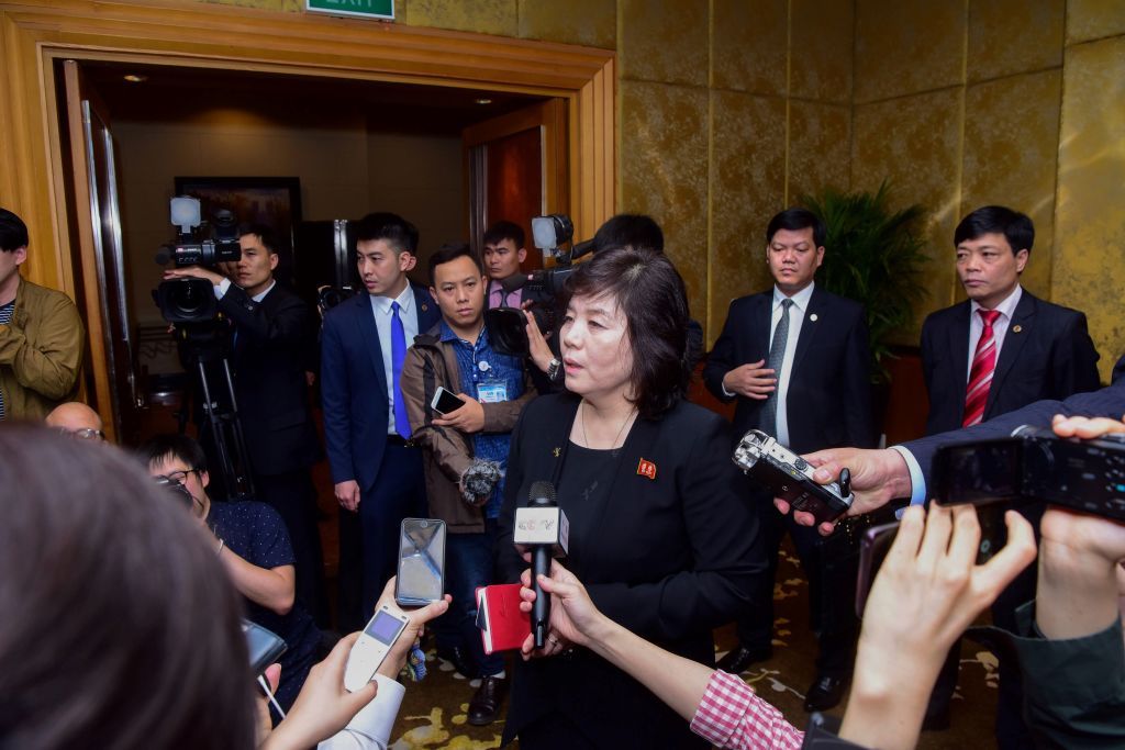 North Korean vice-minister of Foreign Affairs Choe Son Hui (C) arrives for a press conference at Melia hotel in Hanoi early on March 1, 2019, following the US-North Korea summit. - North Korea said on March 1 it had offered to dismantle its Yongbyon nuclear plant in exchange for partial sanctions relief at Kim Jong Un's summit with Donald Trump, after the meeting ended without agreement. (Photo by Huy PHONG / AFP)        (Photo credit should read HUY PHONG/AFP via Getty Images)