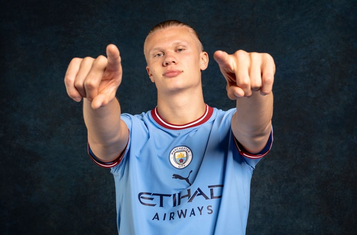 MANCHESTER, ENGLAND: In this photo released on June 13, 2022 Manchester City unveil new signing Erling Haaland at Manchester City Football Academy in Manchester, England. (Photo by Lynne Cameron - Manchester City/Manchester City FC via Getty Images)