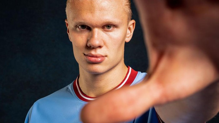 MANCHESTER, ENGLAND: In this photo released on June 13, 2022 Manchester City unveil new signing Erling Haaland at Manchester City Football Academy in Manchester, England. (Photo by Lynne Cameron - Manchester City/Manchester City FC via Getty Images)