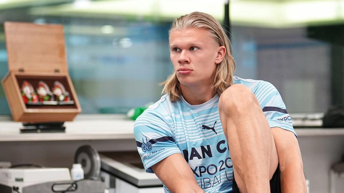 MANCHESTER, ENGLAND: In this photo released on June 13, 2022 Manchester City unveil new signing Erling Haaland at Manchester City Football Academy in Manchester, England. (Photo by Lynne Cameron - Manchester City/Manchester City FC via Getty Images)