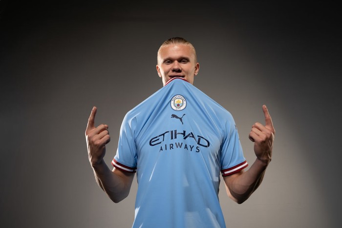 MANCHESTER, ENGLAND: In this photo released on June 13, 2022 Manchester City unveil new signing Erling Haaland at Manchester City Football Academy in Manchester, England. (Photo by Tom Flathers/Manchester City FC via Getty Images)