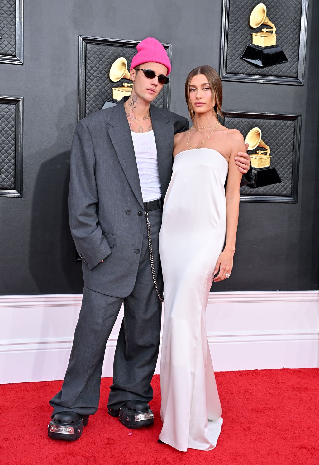 LAS VEGAS, NEVADA - APRIL 03: Justin Bieber and Hailey Bieber attend the 64th Annual GRAMMY Awards at MGM Grand Garden Arena on April 03, 2022 in Las Vegas, Nevada. (Photo by Axelle/Bauer-Griffin/FilmMagic)