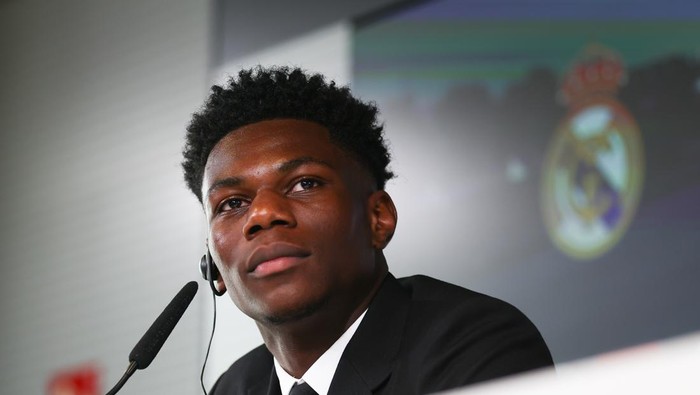 VALDEBEBAS, SPAIN - JUNE 14: Aurelien Tchouameni attends during his first press conference as player of Real Madrid at Ciudad Deportiva Real Madrid on June 14, 2022 in Valdebebas, Madrid, Spain. (Photo By Oscar J. Barroso/Europa Press via Getty Images)