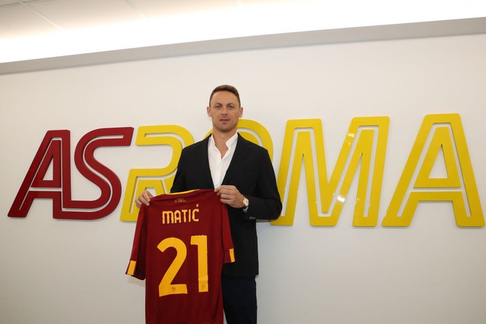 ROME, ITALY - JUNE 14:  AS Roma new signing Nemanja Matic poses with a AS Roma jersey after signing the contract at Fulvio Bernardini Sport Centre on June 14, 2022 in Rome, Italy.  (Photo by AS Roma/AS Roma via Getty Images)