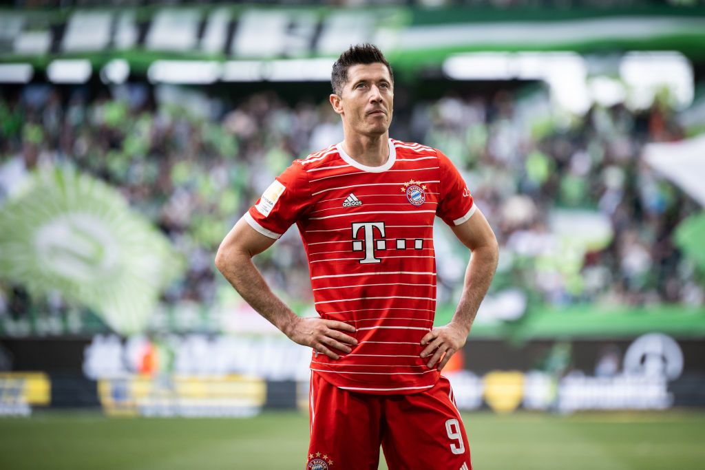 WOLFSBURG, GERMANY - MAY 14: Robert Lewandowski of Munich looks on after the Bundesliga match between VfL Wolfsburg and FC Bayern München at Volkswagen Arena on May 14, 2022 in Wolfsburg, Germany. (Photo by Marvin Ibo Guengoer - GES Sportfoto/Getty Images)