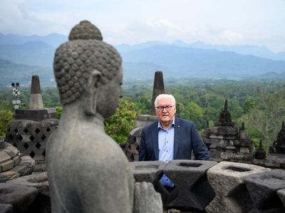 Momen Presiden Jerman Naik ke Puncak Candi Borobudur