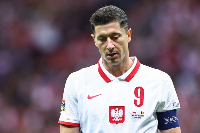 WARSAW, POLAND - JUNE 14: Robert Lewandowski of Poland during the UEFA Nations League League A Group 4 match between Poland and Belgium at PGE Narodowy on June 14, 2022 in Warsaw, Poland. (Photo by Robbie Jay Barratt - AMA/Getty Images)