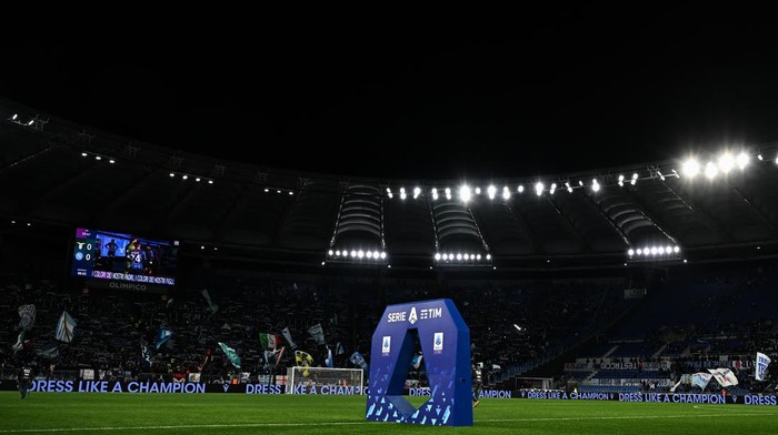 OLIMPICO STADIUM, ROMA, ITALY - 2022/02/27: The serie A setup is seen on the pitch ahead of the Serie A football match between SS Lazio and SSC Napoli. Napoli won 2-1 over Lazio. (Photo by Andrea Staccioli/Insidefoto/LightRocket via Getty Images)