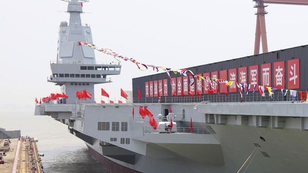 SHANGHAI, CHINA - JUNE 17: General view of the launching ceremony of China's third aircraft carrier, the Fujian, named after Fujian Province, at Jiangnan Shipyard, a subsidiary of China State Shipbuilding Corporation (CSSC), on June 17, 2022 in Shanghai, China. (Photo by Li Tang/VCG via Getty Images)