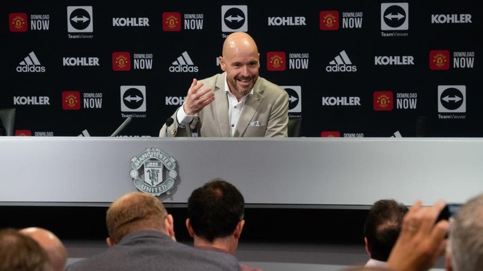 MANCHESTER, ENGLAND - MAY 23: Manager Eric ten Hag of Manchester United speaks during a press conference to announce his arrival at Old Trafford on May 23, 2022 in Manchester, England. (Photo by Ash Donelon/Manchester United via Getty Images)