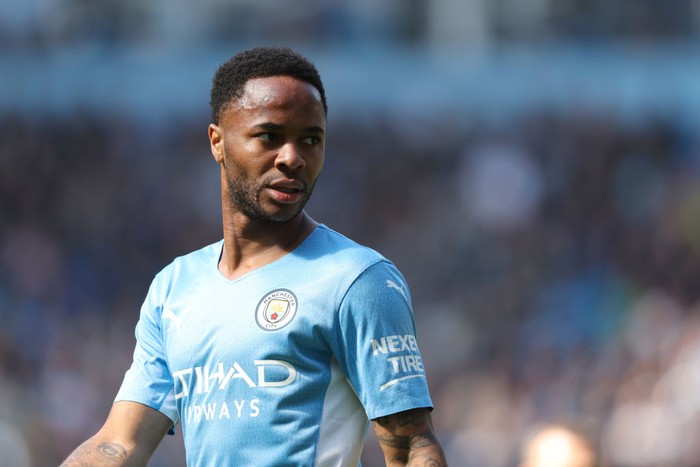 MANCHESTER, ENGLAND - APRIL 23: Raheem Sterling of Manchester City during the Premier League match between Manchester City and Watford at Etihad Stadium on April 23, 2022 in Manchester, United Kingdom. (Photo by Matthew Ashton - AMA/Getty Images)